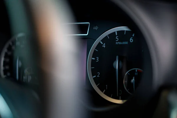 Close Odometer Dashboard Luxury Car Black Interior Detailing Washing Car — Stock Photo, Image