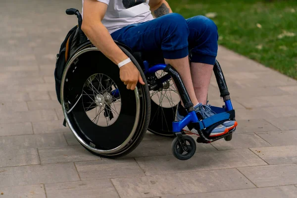 Inclusiveness Portrait Young Man Disability Wheelchair City Park Background Trees — Stock Photo, Image