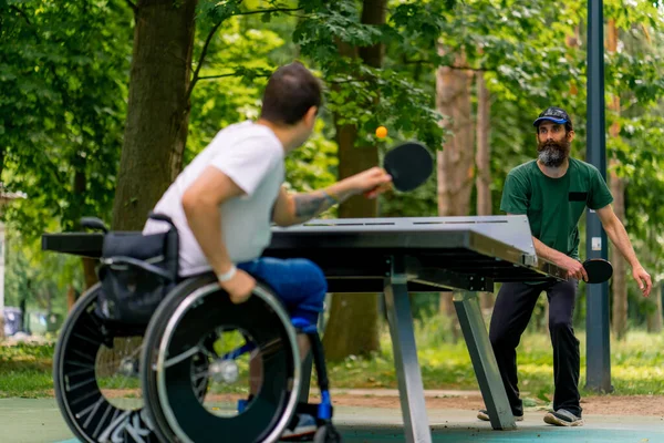 Tekerlekli Sandalyedeki Engelli Bir Adam Şehir Parkında Yaşlı Bir Adamla — Stok fotoğraf