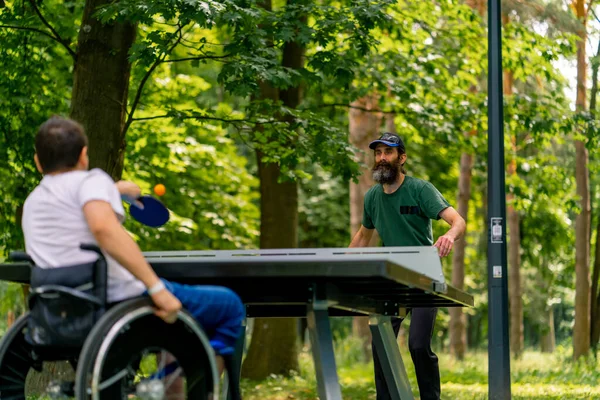 一个坐在轮椅上的残疾人在城市公园的树后与一位老年人打乒乓球 — 图库照片