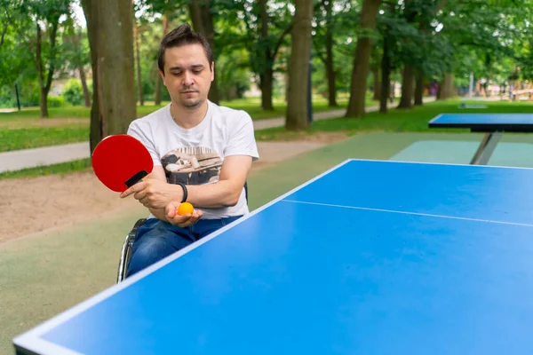 Inclusividade Homem Com Deficiência Uma Cadeira Rodas Joga Ping Pong — Fotografia de Stock