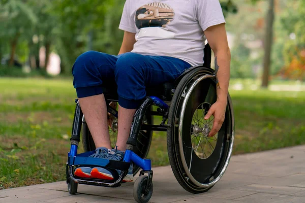 Inclusiveness Young Man Disabilities Rides Wheelchair City Park Background Trees — Stock Photo, Image