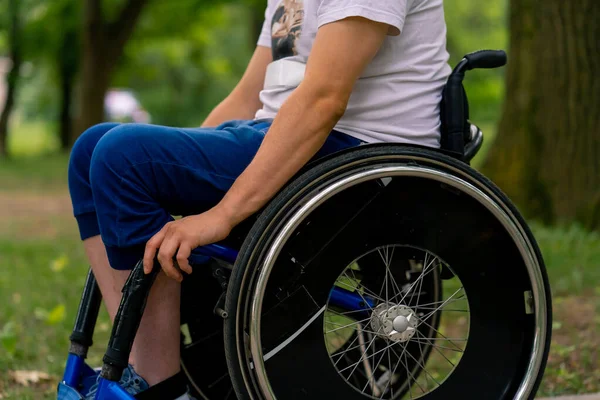 Inclusiveness Young Man Disabilities Rides Wheelchair City Park Background Trees — Stock Photo, Image
