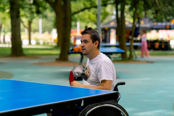 Inkludering Handikappad Man Rullstol Spelar Pingis Stadspark Mot Bakgrund Träd — Stockfoto