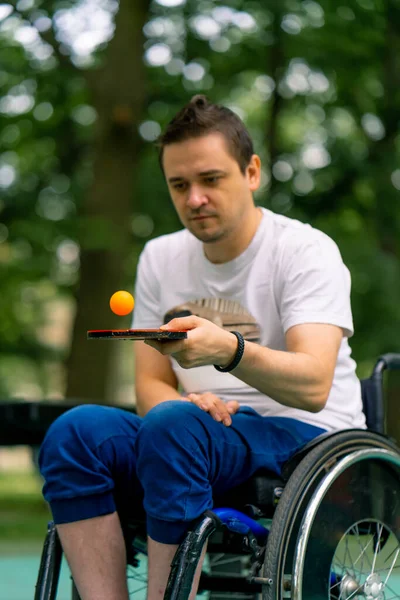 Inclusive Disabled Man Wheelchair Next Blue Pin Pong Table Hits — Stock Photo, Image