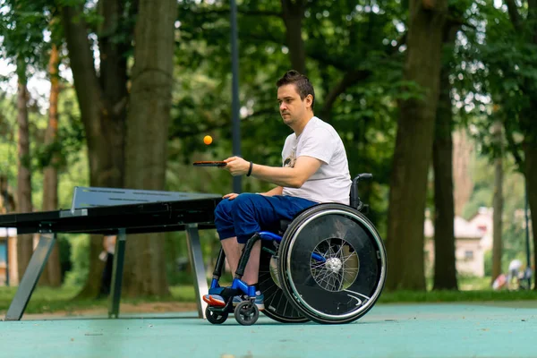 Inclusive Disabled Man Wheelchair Next Blue Pin Pong Table Hits — Stock Photo, Image