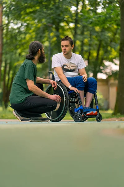 Inclusiveness Man Disabilities Communicates Elderly Man Long Hair Gray Beard — Stock Photo, Image