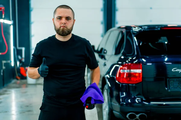 Portrait Male Car Wash Worker Spray Gun Microfiber Cloth His — Stock Photo, Image