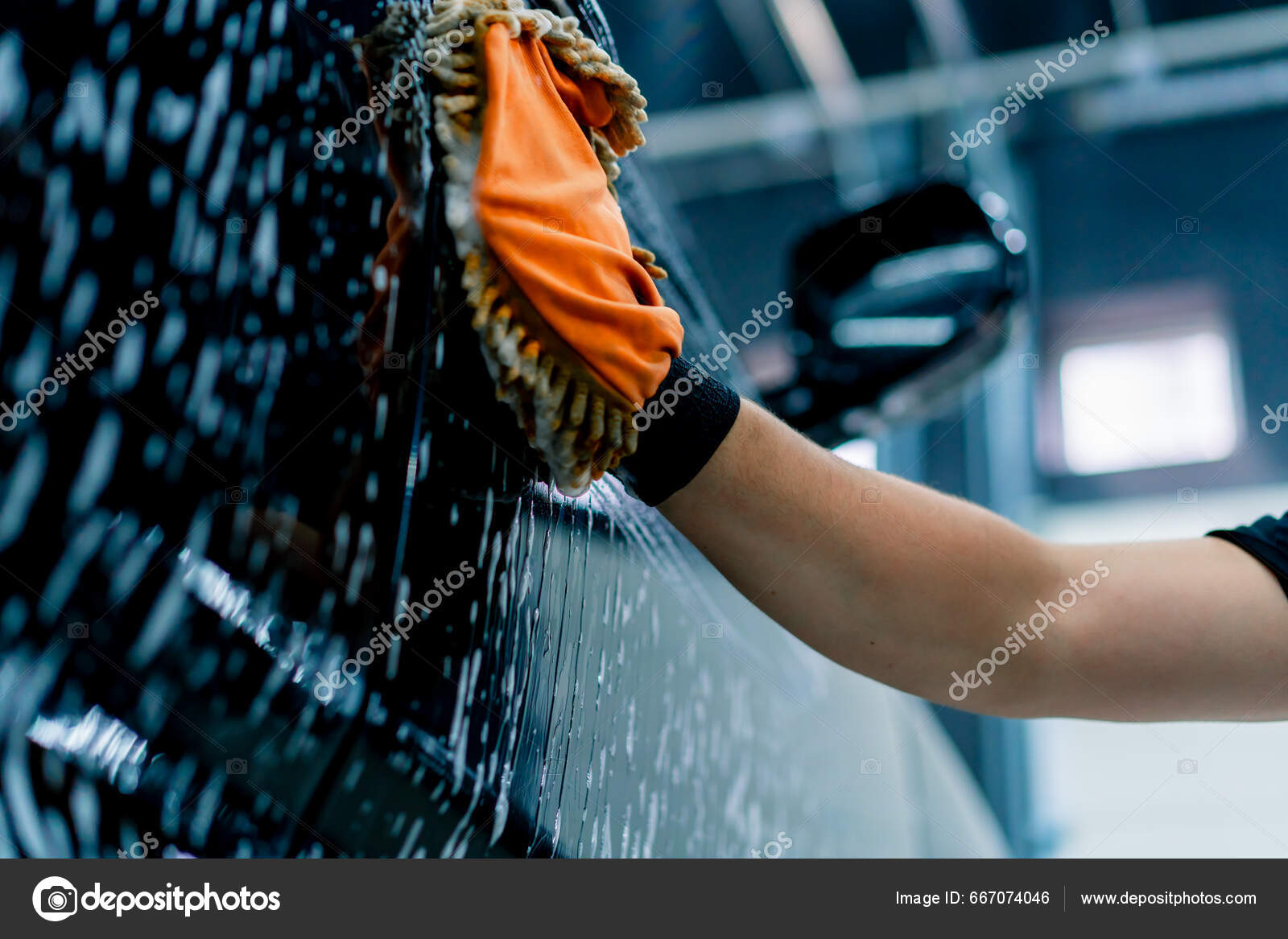Close Car Wash Worker Using Microfiber Cloth Wash Black Luxury Stock