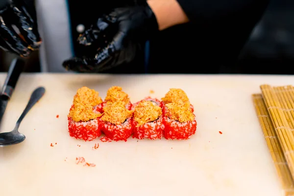 Close Sushi Chef Decorating Roll Tuna Shrimp Cheese Baking Oven — Stock Photo, Image