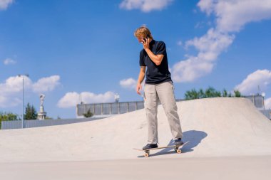 Şehirdeki kaykay pistinde uzun saçlı genç kaykaycı telefonda konuşuyor.