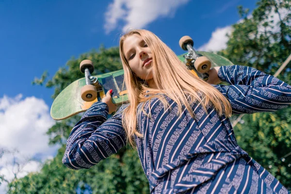 Portrait Young Smiling Skater Girl Long Hair Holding Skateboard Her — Stock Photo, Image
