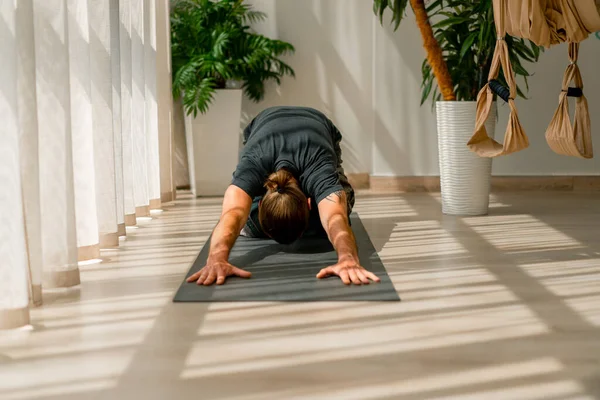 Adult Man Beard Doing Stretching Back Health Lying Floor Sport — Stock Photo, Image