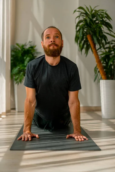 Adult Man Beard Doing Stretching Back Health Lying Floor Sport — Stock Photo, Image