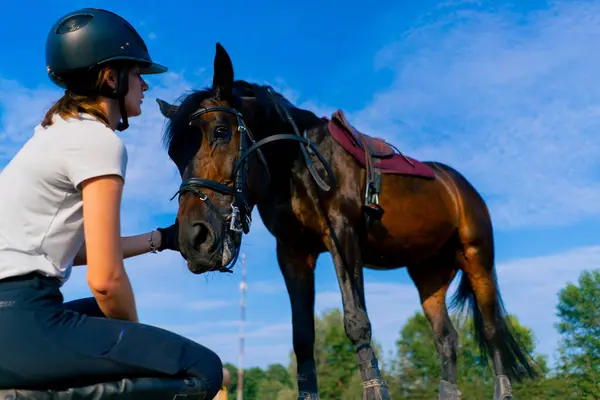 Una Cavallerizza Casco Abbraccia Graffia Suo Bellissimo Cavallo Nero Con — Foto Stock
