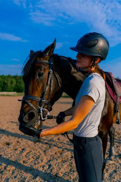 Cavaleiro Capacete Alimenta Seu Belo Cavalo Preto Sua Mão Arena — Fotografia de Stock