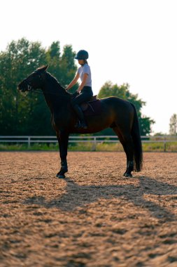 Miğfer takmış bir atlı kadın ata binerken arenada güzel siyah atına biniyor.