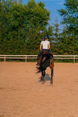 Miğfer takmış bir atlı kadın ata binerken arenada güzel siyah atına biniyor.