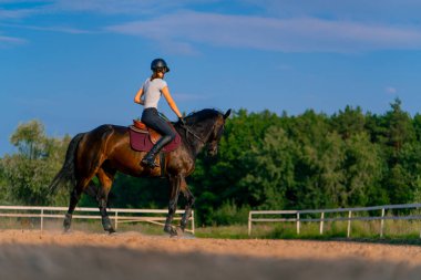Miğfer takmış bir atlı kadın ata binerken arenada güzel siyah atına biniyor.