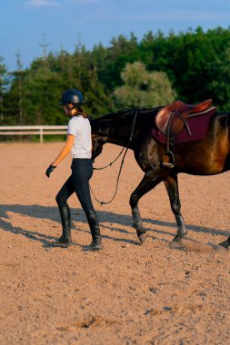 Miğferli bir sürücü, güzel siyah atına biniş pistindeki koşum takımının yanında liderlik eder.