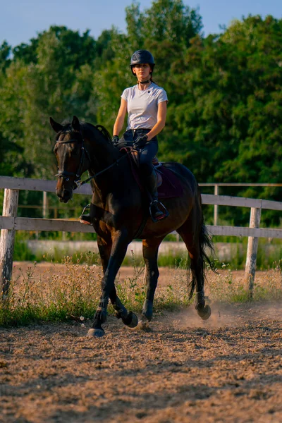 Jezdkyně Oblečená Helmě Jezdí Svém Krásném Černém Koni Jezdecké Aréně — Stock fotografie