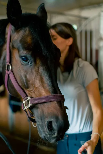 一位骑手在马厩里把鞍子套在她的黑马上 为赛马会做准备 — 图库照片