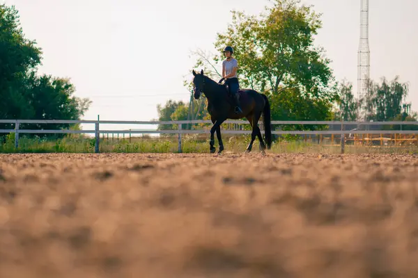 Jezdec Oblečený Helmě Jezdí Svém Krásném Černém Koni Jezdecké Aréně — Stock fotografie
