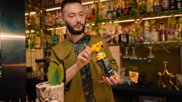 Barda Restoranda Bir Barmen Yeni Hazırlanmış Bir Alkollü Kokteyli Süslüyor — Stok video