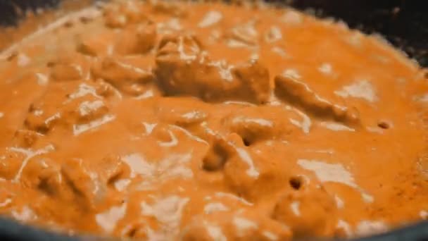 Close Ενός Σεφ Μια Επαγγελματική Κουζίνα Εστιατόριο Ανακατεύοντας Σάλτσα Κάρυ — Αρχείο Βίντεο