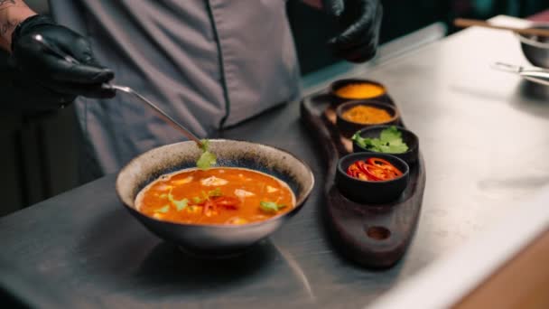 Профессиональная Кухня Ресторане Шеф Повар Добавляет Специи Приготовленный Острый Суп — стоковое видео