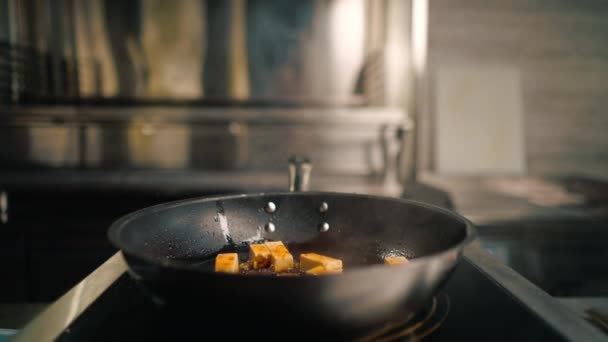 プロのレストラン キッチン シェフ フライ チーズ オイル 投げる アジア料理 — ストック動画