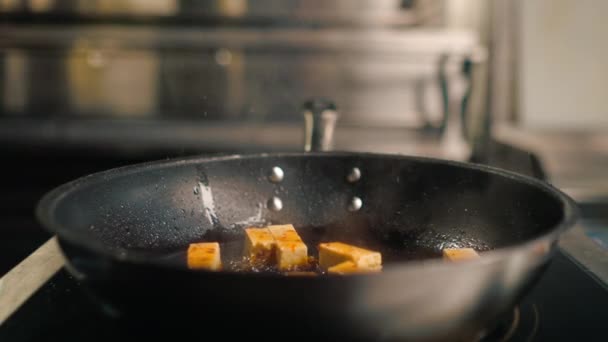 プロのレストラン キッチン シェフ フライ チーズ オイル 投げる アジア料理 — ストック動画
