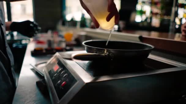 Chef Professional Kitchen Restaurant Pouring Oil Pan Cooking Close — Stock Video