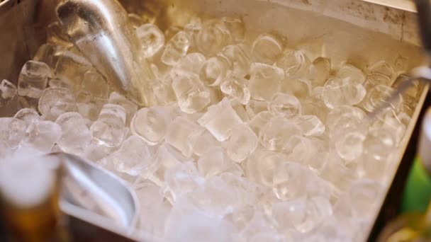 冷柜与冰块和用于制造鸡尾酒的水壶酒吧设备的特写 — 图库视频影像