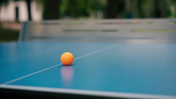 オレンジ色のテニスボールは 街の公園のネットの隣にある青いテニステーブルに置かれ 屋外でピンポンをするというコンセプト — ストック動画