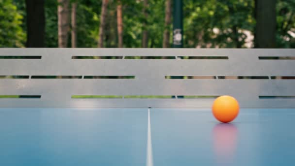 一个橙色的网球落在城市公园网旁边的一个蓝色的网球场上 在室外打乒乓球的概念 — 图库视频影像