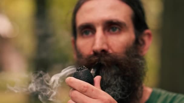 都市公園でタバコでパイプを保持しているひげ付き男のクローズアップ顔 喫煙悪い習慣を吸う不健康なライフスタイル — ストック動画