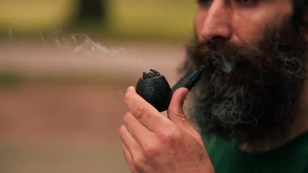 Zbliżenie Brodaty Człowiek Trzymając Fajkę Tytoniem Miasto Park Wydychając Dym — Wideo stockowe