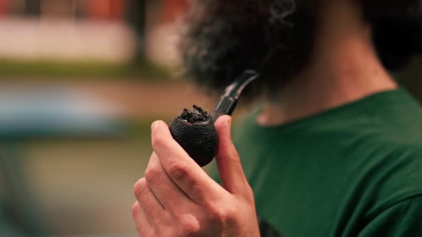 Zbliżenie Brodaty Człowiek Trzymając Fajkę Tytoniem Miasto Park Wydychając Dym — Wideo stockowe