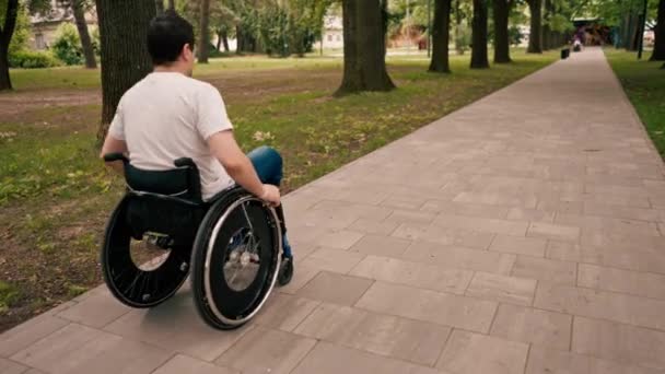 笑顔の幸せな男 都市公園で歩く車椅子に乗って 障害のないアクティブなライフスタイルモビリティ — ストック動画