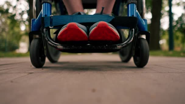 Закрытие Ног Человека Инвалидной Коляске Городском Парке — стоковое видео