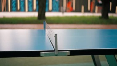 Net şehir parkı açık masa tenisi spor ve eğlence konsepti olan mavi tenis masası.