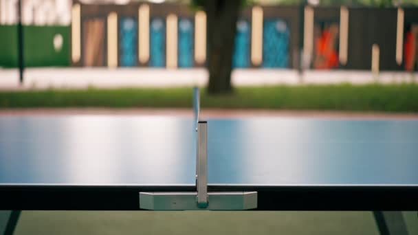 Blauw Tennis Tafel Met Net Stadspark Outdoor Tafeltennis Spel Sport — Stockvideo