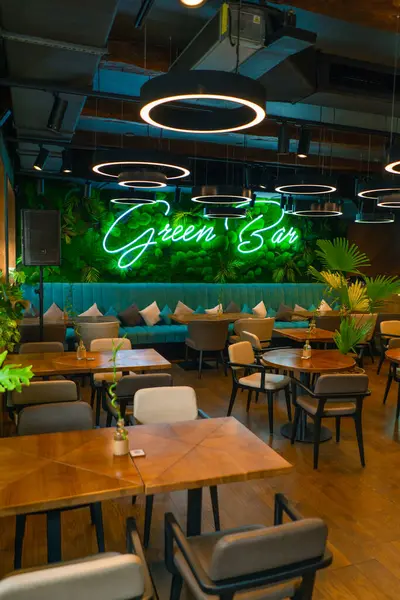 Bright Interior Restaurant Bar Lot Greenery Plants Empty Room Asian — Stock Photo, Image