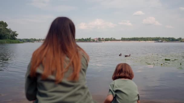 Eine Junge Mutter Mit Einer Tochter Und Einem Hund Spazieren — Stockvideo