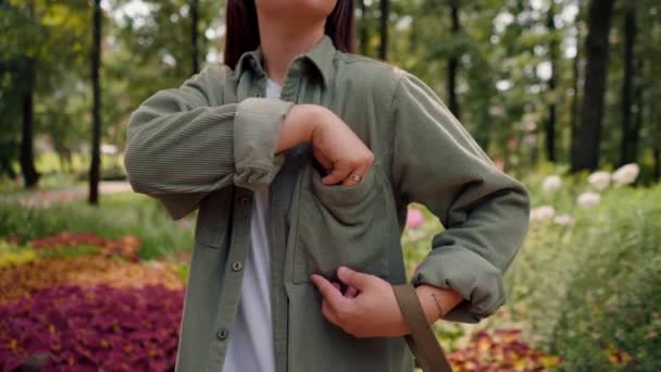 Close Woman Hand Taking Out Garbage Bags Her Pocket Clean — Stock Video