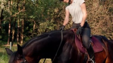 Profesyonel ekipman giymiş bir sürücü yürüyüş sırasında ormanda güzel atına biner. Hayvanlara olan aşkı sırasında.