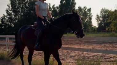 Profesyonel teçhizat giymiş bir binici açık hava eğitim alanında güzel atının üzerinde dörtnala koşuyor.
