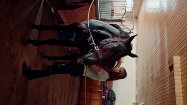 Verticale Video Een Vrouwelijke Ruiter Zadelt Haar Volbloed Paard Een — Stockvideo
