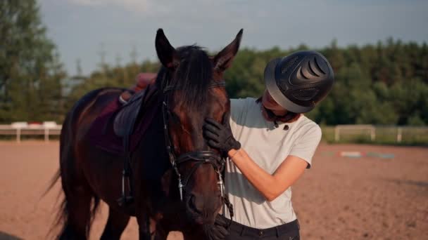 Uma Mulher Cavaleira Uniforme Profissional Está Levando Seu Belo Cavalo — Vídeo de Stock